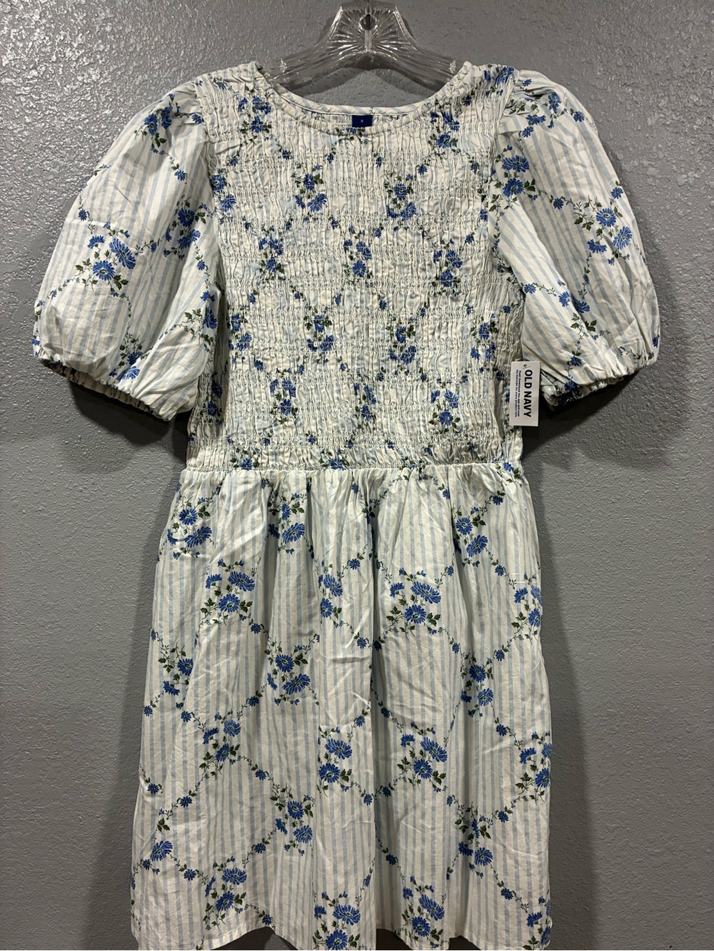 Old Navy White and Blue Floral Smocked Puff-Sleeve Dress